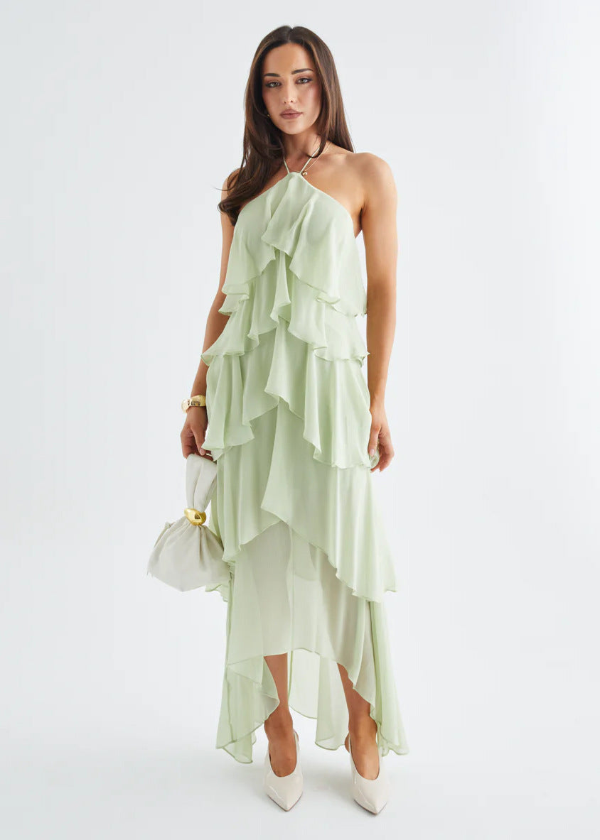Damen Maxikleid mit elegantem Überwurf und floralen Rüschen Drune