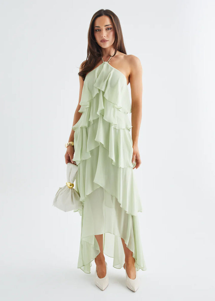 Damen Maxikleid mit elegantem Überwurf und floralen Rüschen Drune