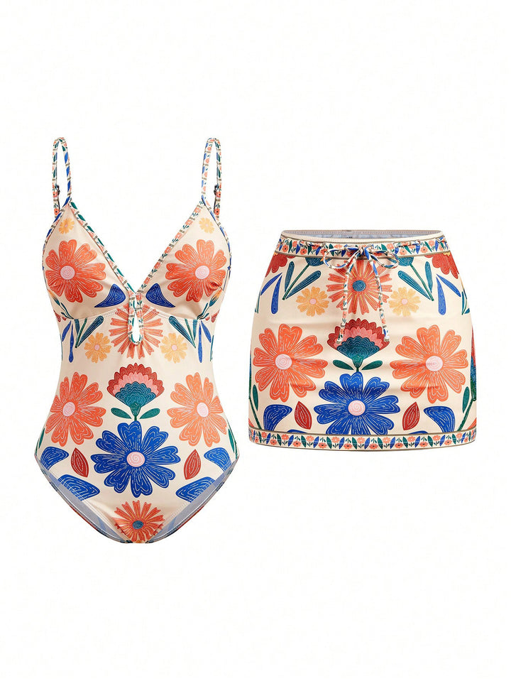 Damen Bikini-Set mit floralem Design und passendem Rock Drune