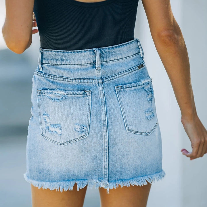 Damen Rippstrick-Bodysuit mit zerrissener Denim-Minirock Drune