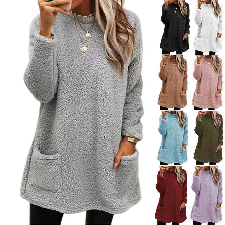Damen nan kuscheliger langer Teddy-Pullover Oversize mit Rundhalsausschnitt und Eingrifftaschen Drune