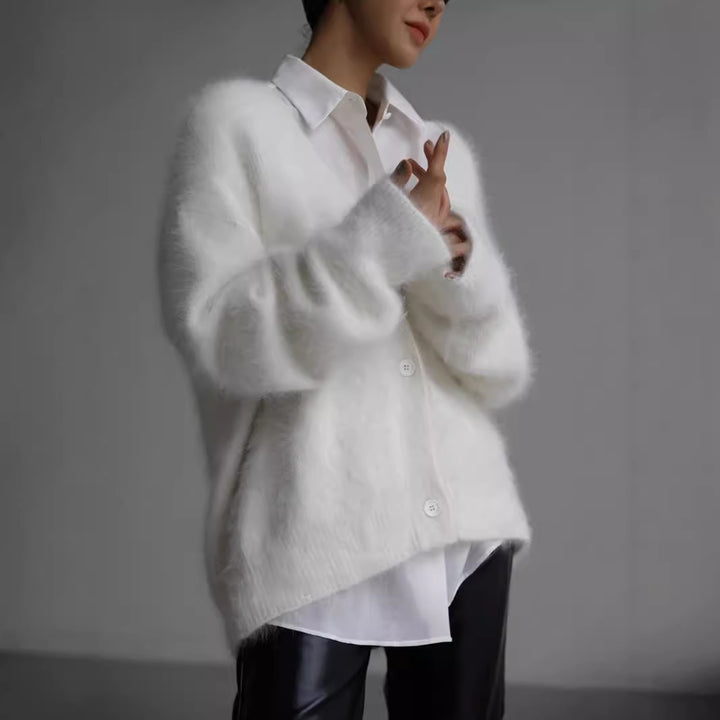 Damen kuschelige Strickjacke mit voluminösen Ärmeln und eleganten Knopfdetails Drune