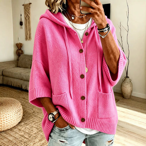 Damen Oversize Kapuzen-Cardigan mit Holzknöpfen und kastiger Silhouette Drune