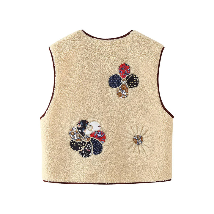 Damen nan ärmellose Teddyweste mit Patchwork-Applikationen und Holzknopf Verschluss Drune