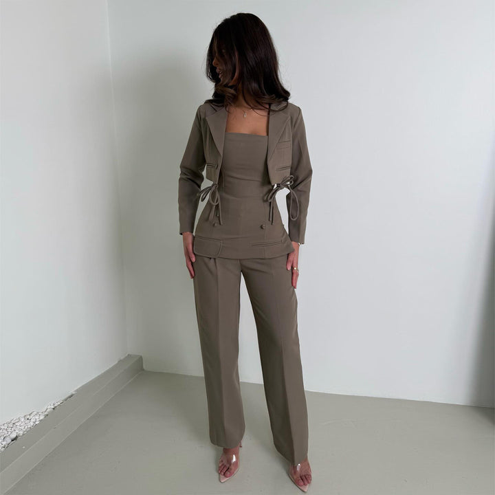 Damen Elegantes Zweiteiliges Set mit tailliertem Oberteil und weitem Hosenstil Drune