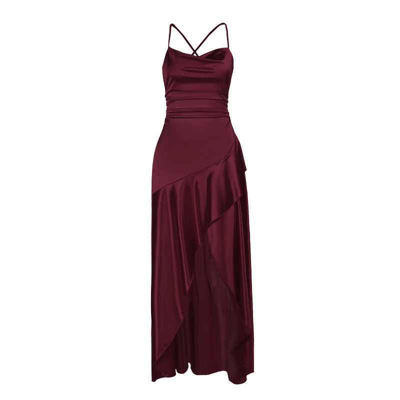 Damen luxuriöses Satin-Maxikleid mit asymmetrischem Schnitt Drune