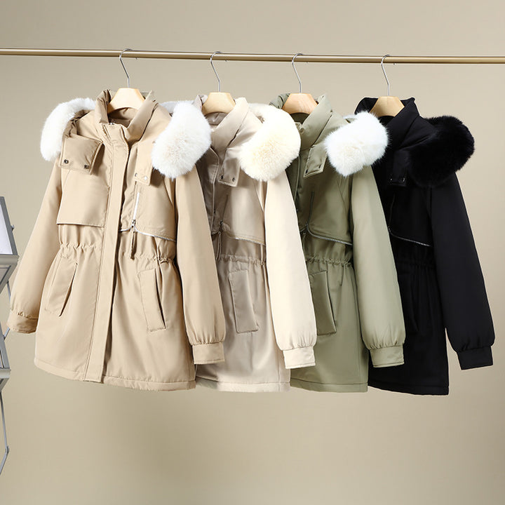 Damen funktionale Winterjacke mit abnehmbarer Kapuze und Kunstfellbesatz Drune