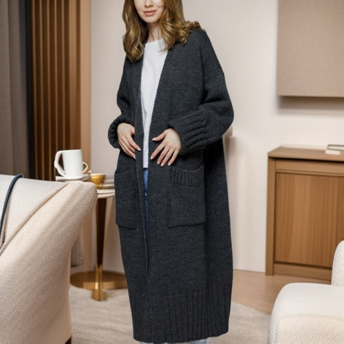 Damen bequemer langer Strickcardigan mit Taschen und breiten Ärmeln Drune