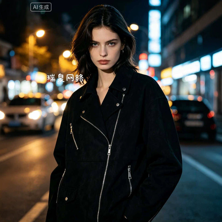 Damen Bikerjacke im Oversized Wildlederoptik mit asymmetrischem Reißverschluss Drune