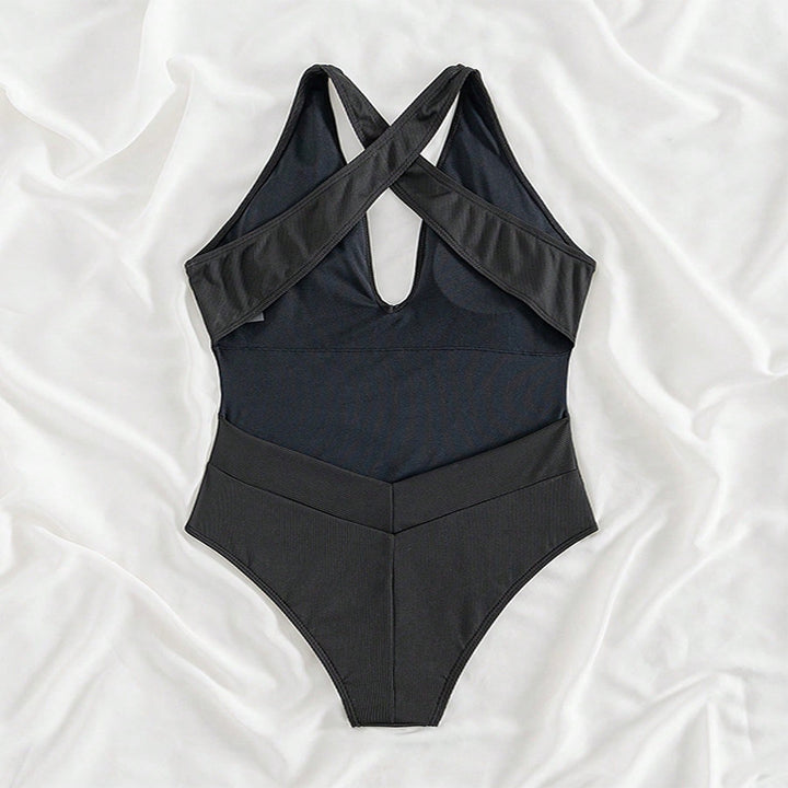 Damen Hochgeschnittener Badeanzug mit tiefem V-Ausschnitt und feinem Rippdesign Drune