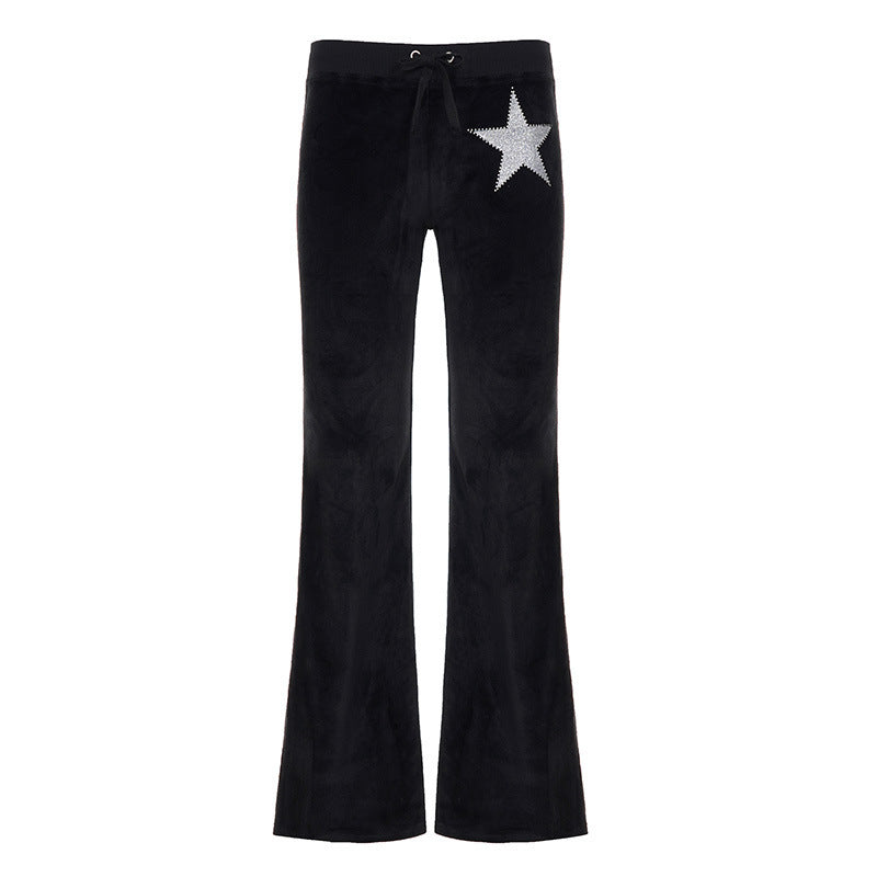 Damen weiche Velours‑Schlaghose mit Zierstern aus Strass und Tunnelzugbund Drune