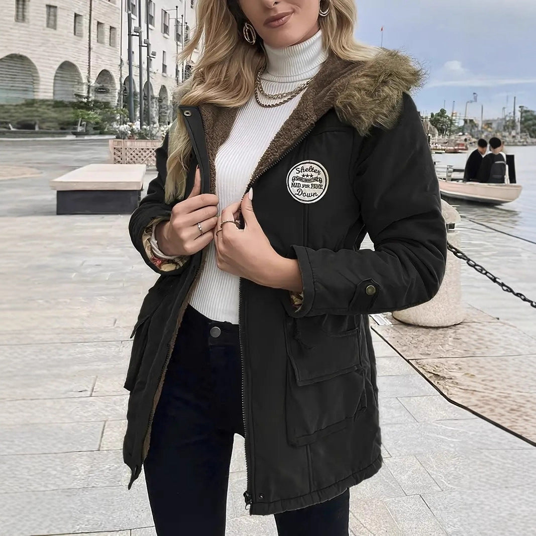Damen taillierter Parka mit Teddyfutter, Kunstfellkapuze und Multifunktions-Taschen Drune