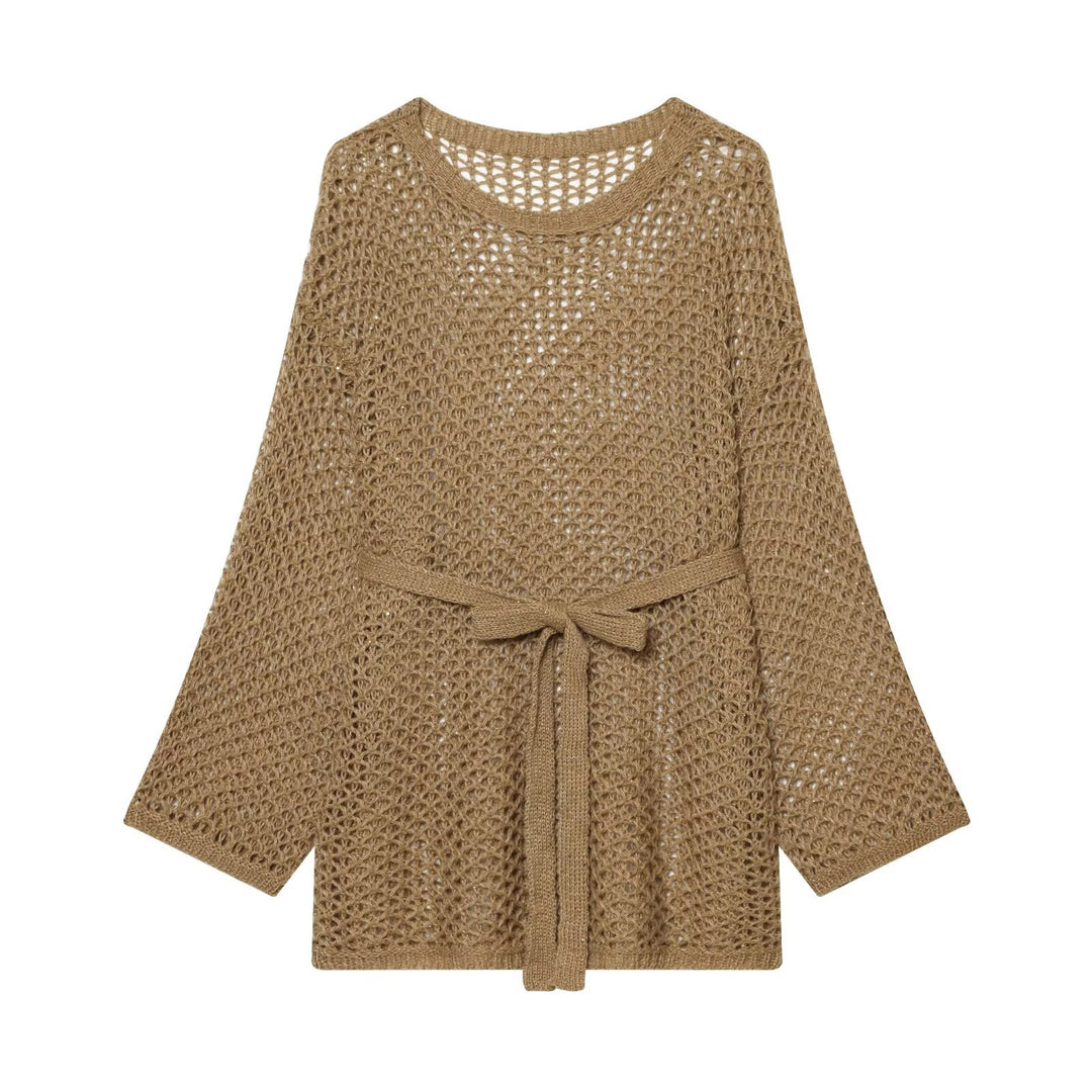 Damen Lockerer Häkelcardigan mit Taillengürtel und 3/4-Ärmeln Drune