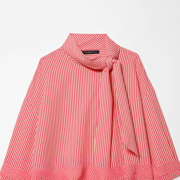 Damen nan femininer Schlupfbluse mit dekorativer Schleife, weiter Oversize-Schnitt und feinem Streifenmuster Drune