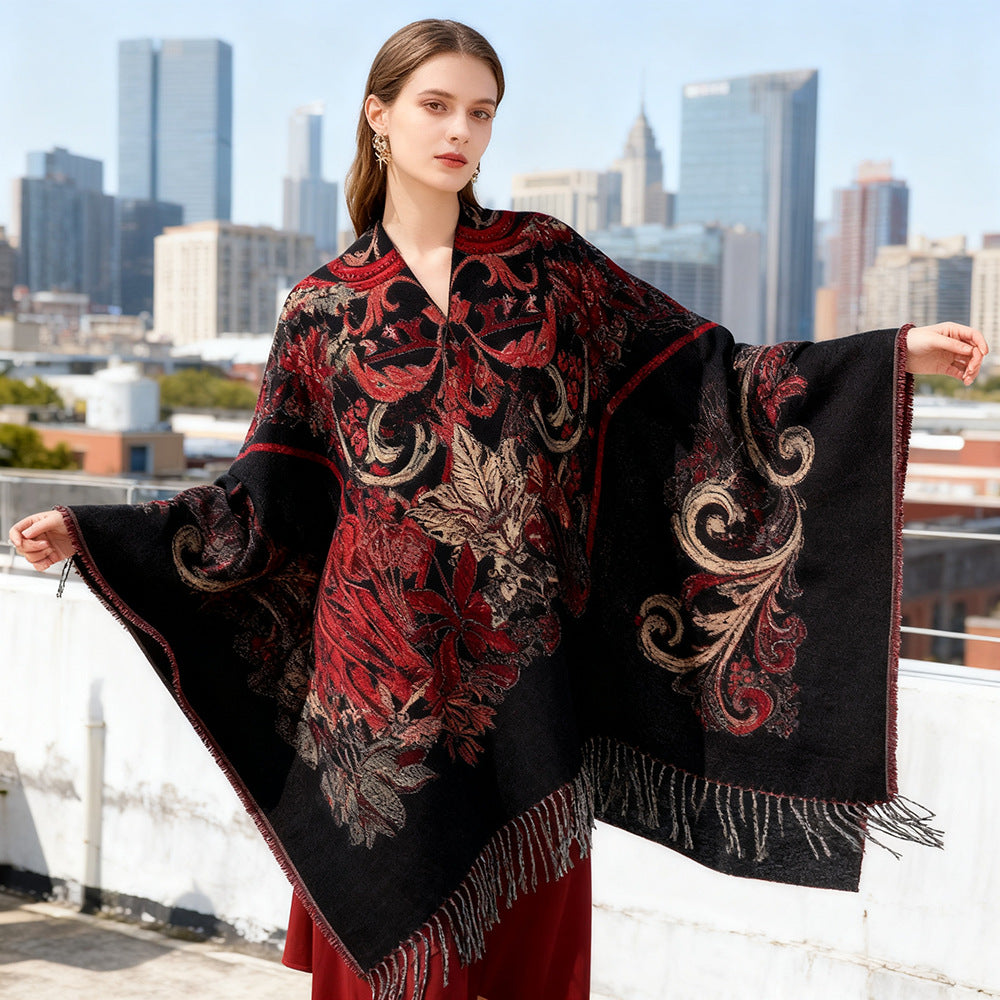 Damen Gefütterter Jacquard-Capeponcho mit floralem Barockmuster und Fransen Drune