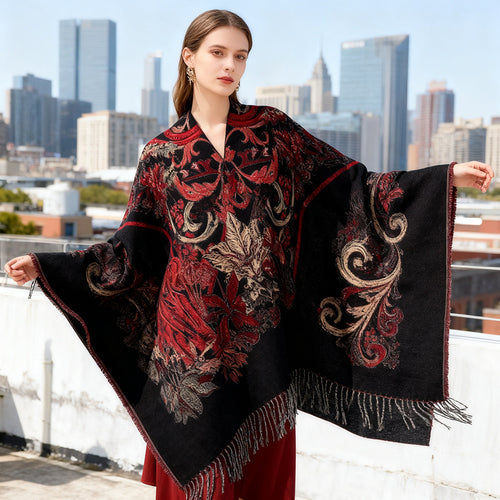 Damen Gefütterter Jacquard-Capeponcho mit floralem Barockmuster und Fransen Drune