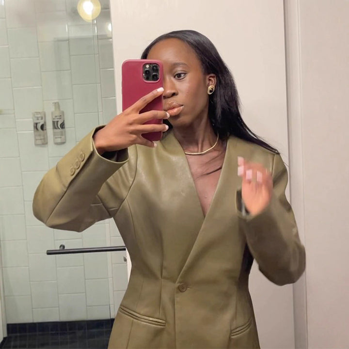Damen Figurbetonter Lederimitat-Blazer mit einreihiger Knopfleiste und defined Shoulder Drune