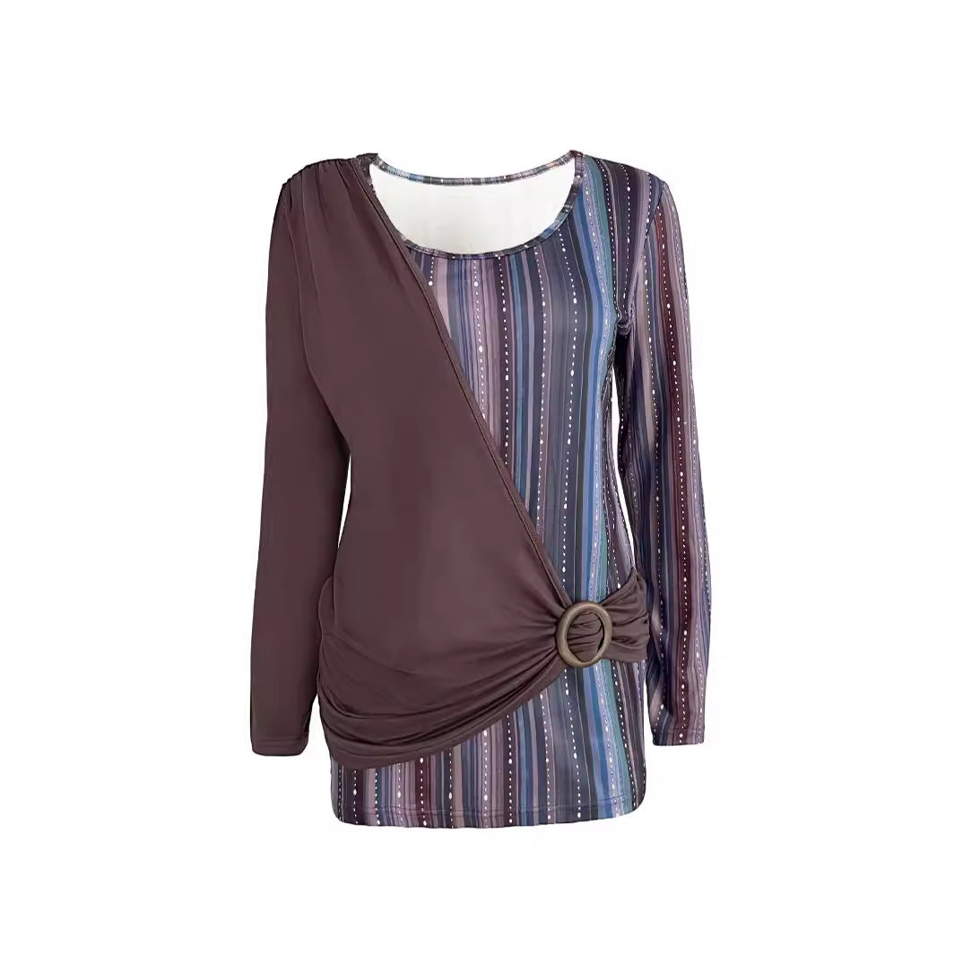 Damen Lagenlook Wickel‑Shirt mit asymmetrischer Drapierung und gestreiftem Unterteil Drune