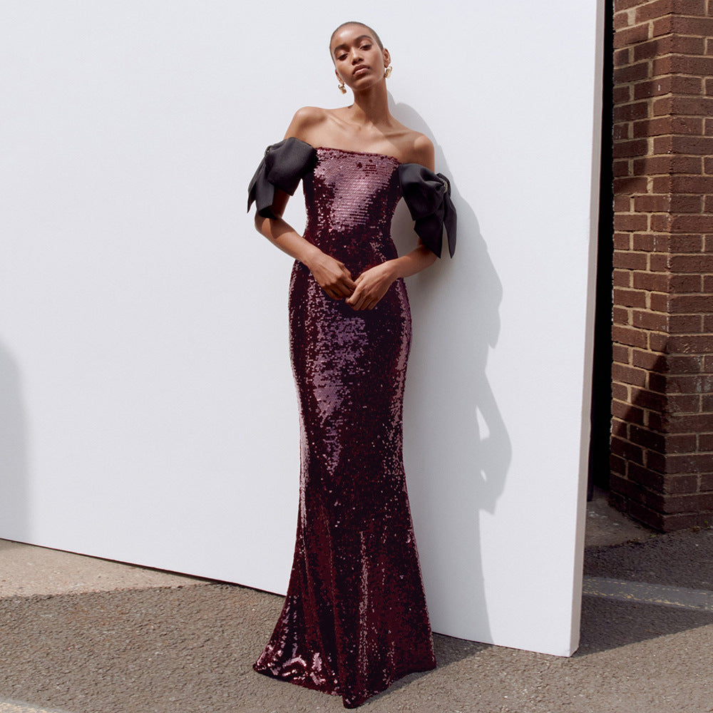 Damen Elegantes Pailletten-Maxikleid mit schulterfreiem Design und dekorativen Schleifen Drune