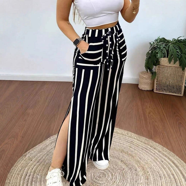 Damen Lässige Palazzo-Hose mit seitlichen Schlitzen und Bindegürtel Drune