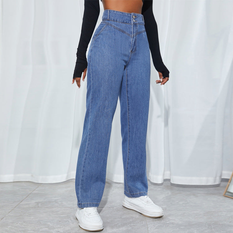 Damen hochtaillierte gerade geschnittene Jeanshose mit V-förmigem Bund und weitem Bein Drune