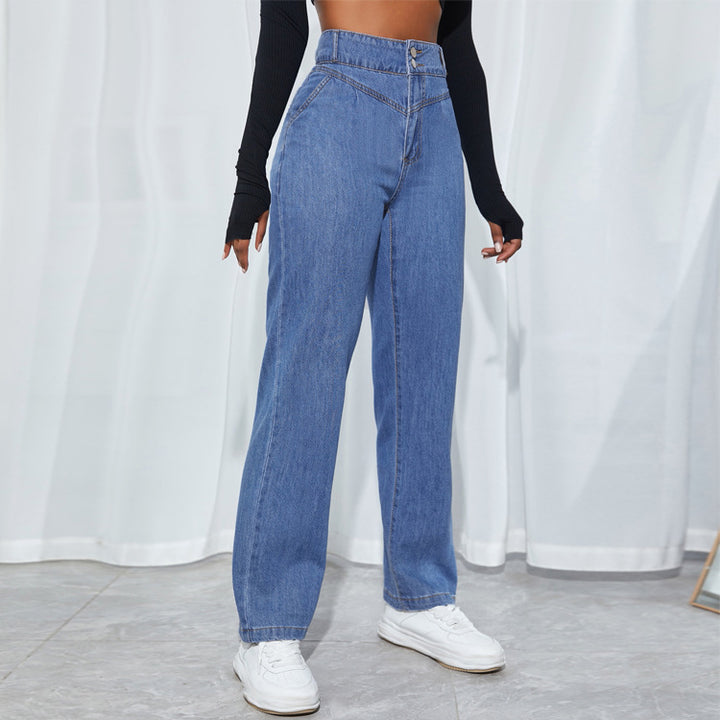 Damen hochtaillierte gerade geschnittene Jeanshose mit V-förmigem Bund und weitem Bein Drune