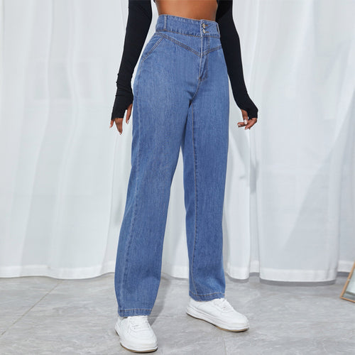 Damen hochtaillierte gerade geschnittene Jeanshose mit V-förmigem Bund und weitem Bein Drune