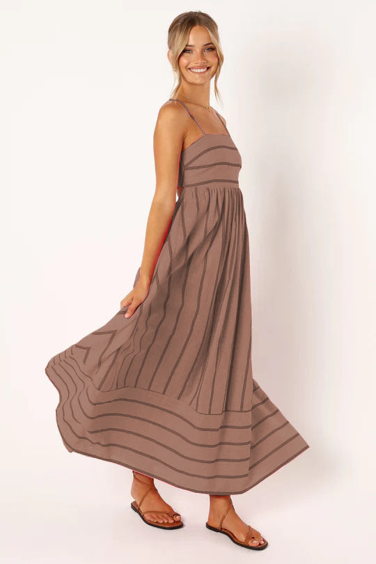 Damen Maxi-Kleid mit schmalen Spaghettiträgern und eleganten Querstreifen Drune