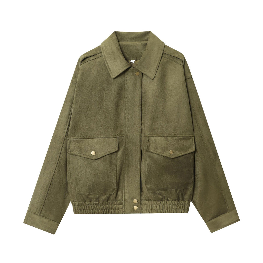 Damen 20+ Cropped Wildlederoptik‑Blousonjacke mit aufgesetzten Pattentaschen und elastischem Bund Drune