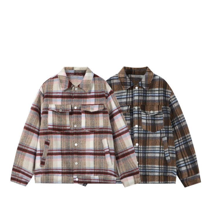 Damen Kurz geschnittene karierte Overshirt‑Jacke aus Wollmix mit Druckknopf‑Front und Pattentaschen Drune