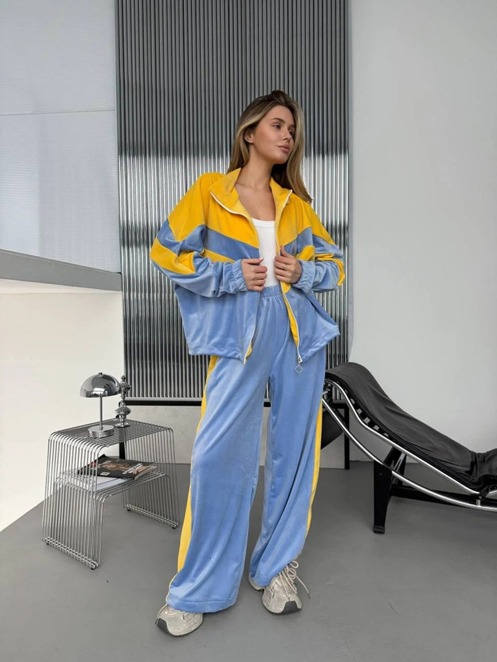 Damen Retro-inspiriertes Samt-Trackset mit Chevron-Design, Stehkragen und weiter High-Waist-Jogger Drune