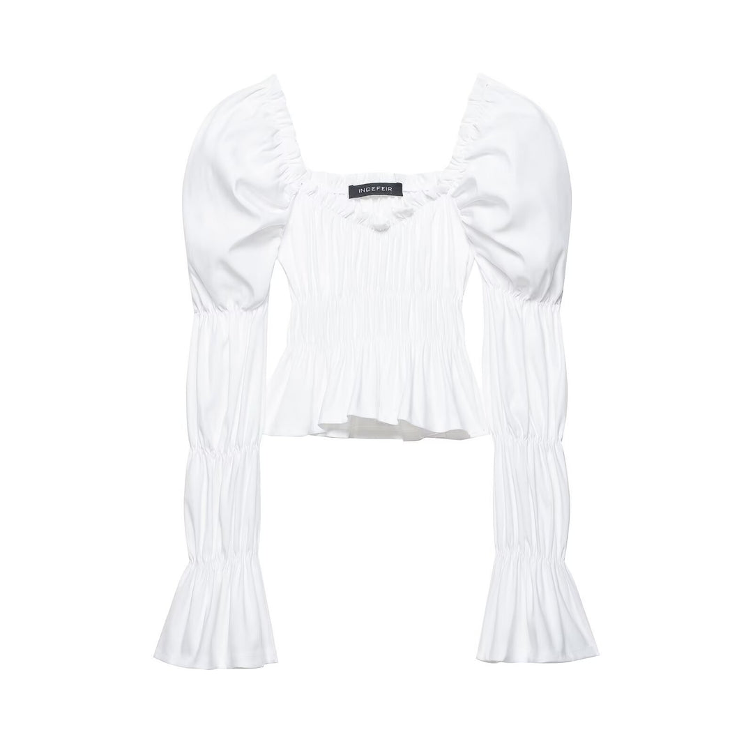 Damen Gerafftes Carmen-Crop-Top mit Puffärmeln, smockierter Taille und Stufenärmeln Drune
