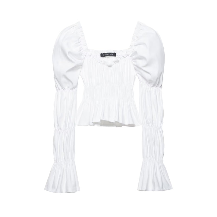 Damen Gerafftes Carmen-Crop-Top mit Puffärmeln, smockierter Taille und Stufenärmeln Drune