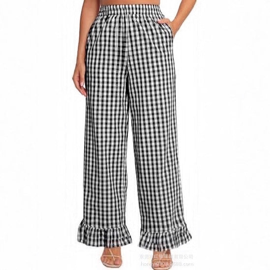 Damen Palazzo-Hose mit elastischem Bund, Seitentaschen und Rüschensaum Drune