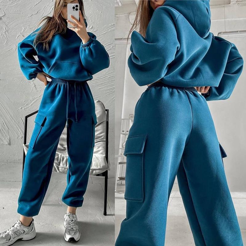 Damen oversized Hoodie mit Kängurutasche und Cargo-Jogginghose Set Drune