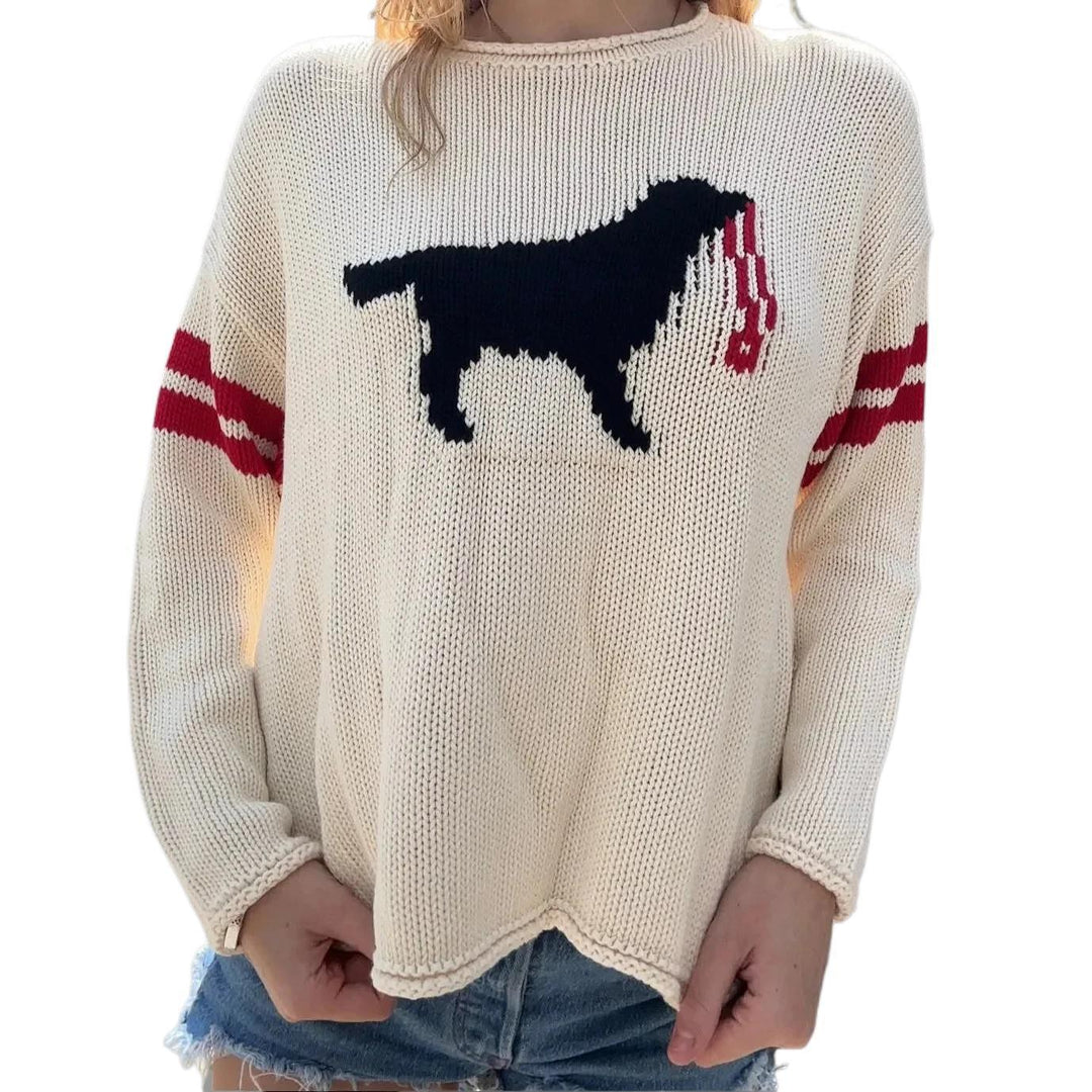 Damen Grobstrickpullover mit Hunde-Jacquard und Sportstreifen Drune