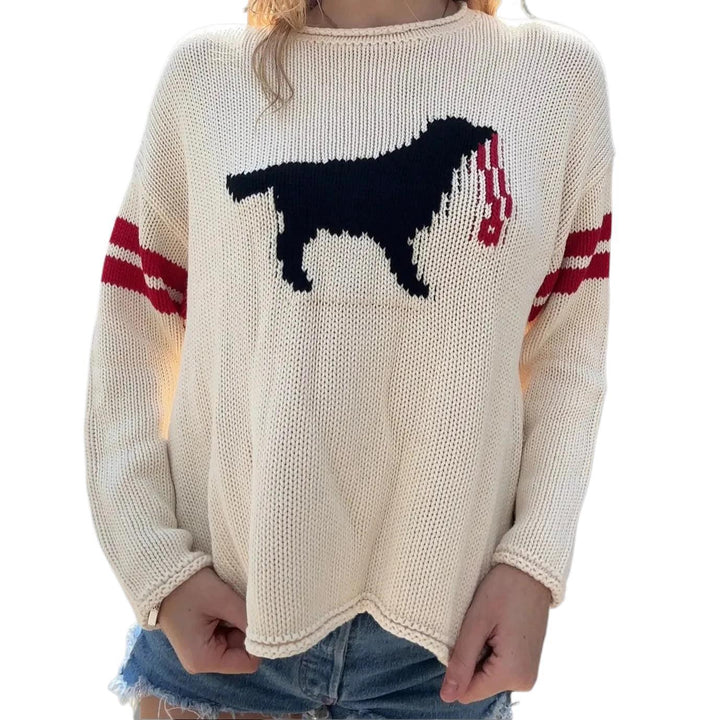 Damen Grobstrickpullover mit Hunde-Jacquard und Sportstreifen Drune