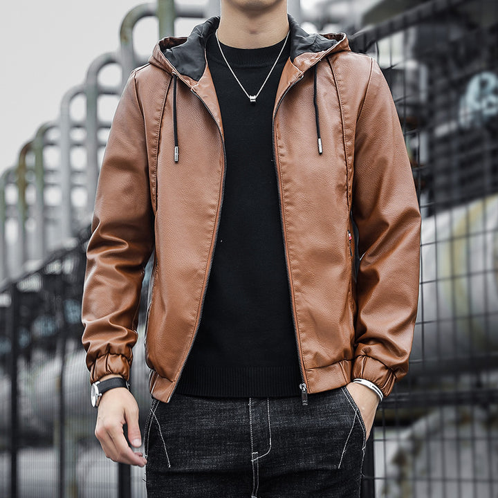 Herren Modische Kunstlederjacke mit verstellbarer Kapuze Drune