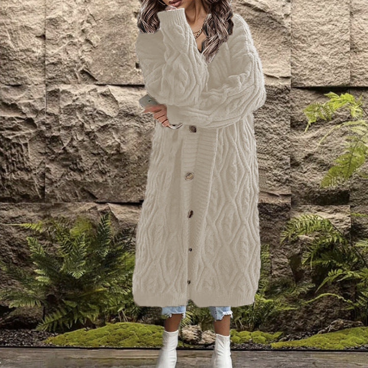 Damen Großer Strickmantel mit geometrischem Zopfdesign und praktischen Knöpfen Drune