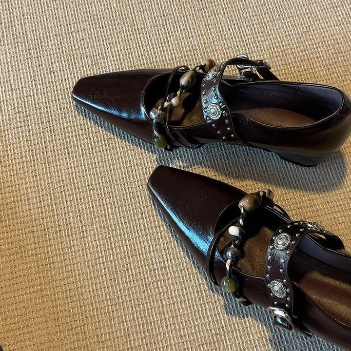 Damen Verzierten Loafer‑Mules mit quadratischer Zehenpartie und Perlenriemen Drune