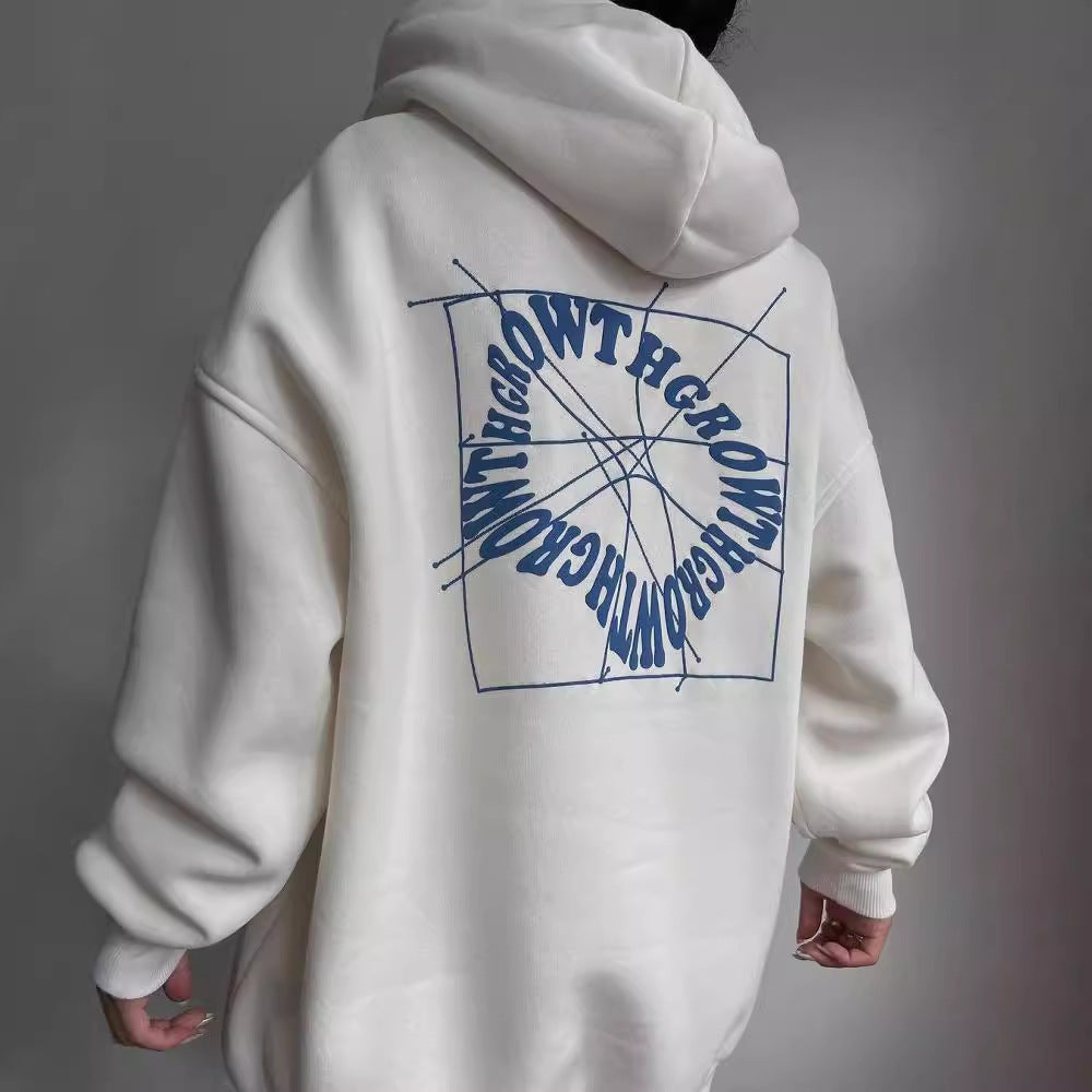 Damen Oversized Kapuzenpullover mit abstraktem Rückenprint und gerippten Bündchen Drune