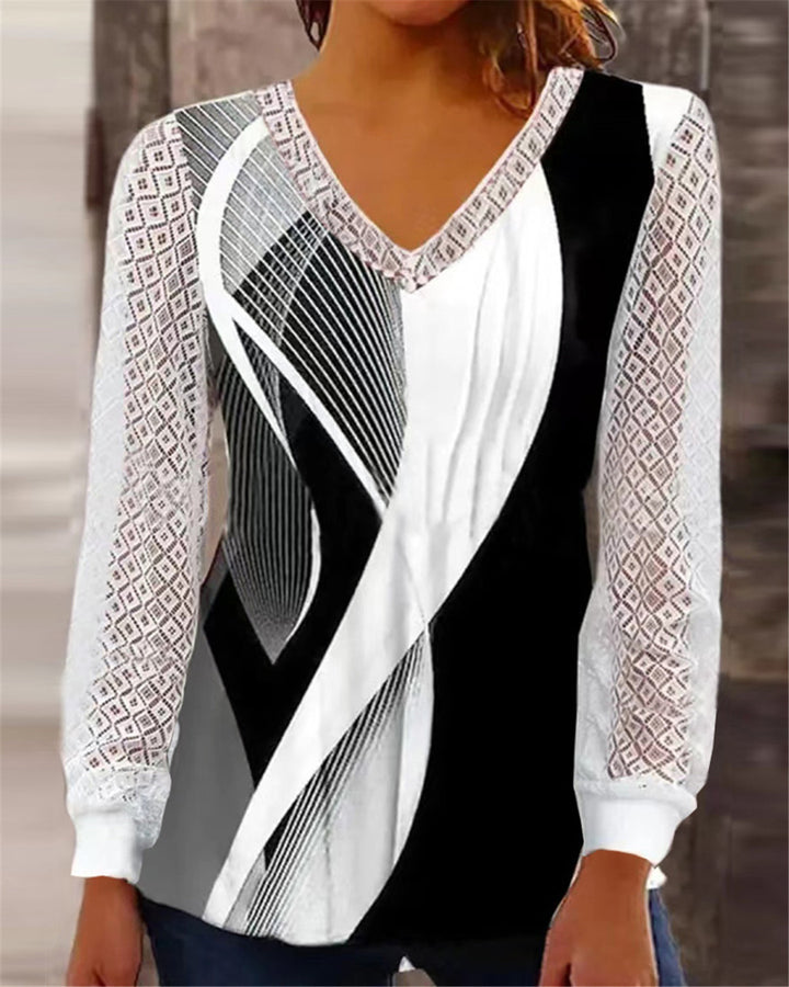 Damen V-Ausschnitt Bluse mit abstraktem Grafikprint und Spitzenärmeln Drune