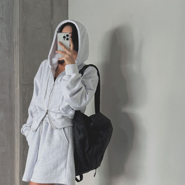 Damen sportliches Loungewear-Set mit Kapuzenjacke und Shorts Drune
