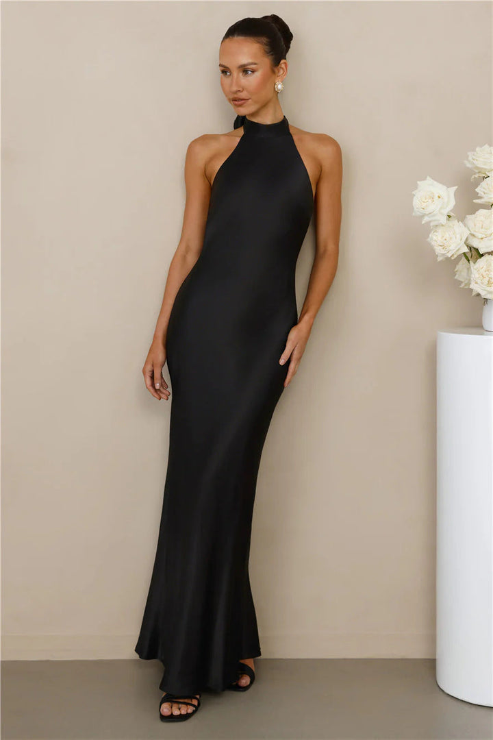Damen Elegantes Satin-Maxikleid mit hohem Kragen und körpernahem Schnitt Drune
