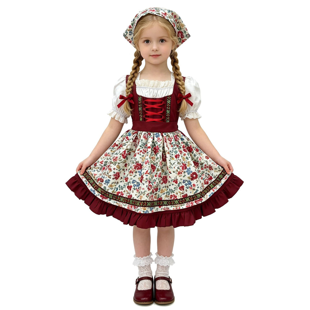 Damen nan traditionelles Kinderdirndl-Set mit bestickter Schürze, Rüschenbluse und Halstuch Drune