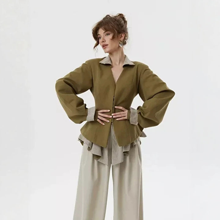 Damen taillierte Jacke mit Stehkragen, Cut-Out und Ballonärmeln Drune