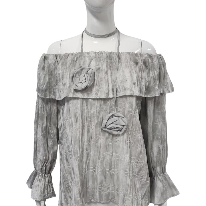 Damen Schulterfreies Crinkle-Blusentop mit Volant, Ballonärmeln und Choker Drune
