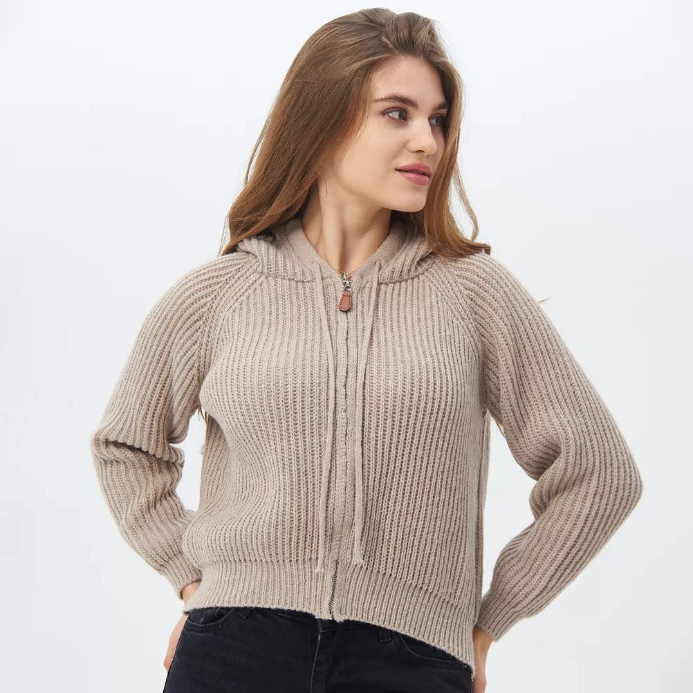 Damen Cropped Hoodie aus weichem Rippstrickmaterial mit praktischen Kordelzügen Drune