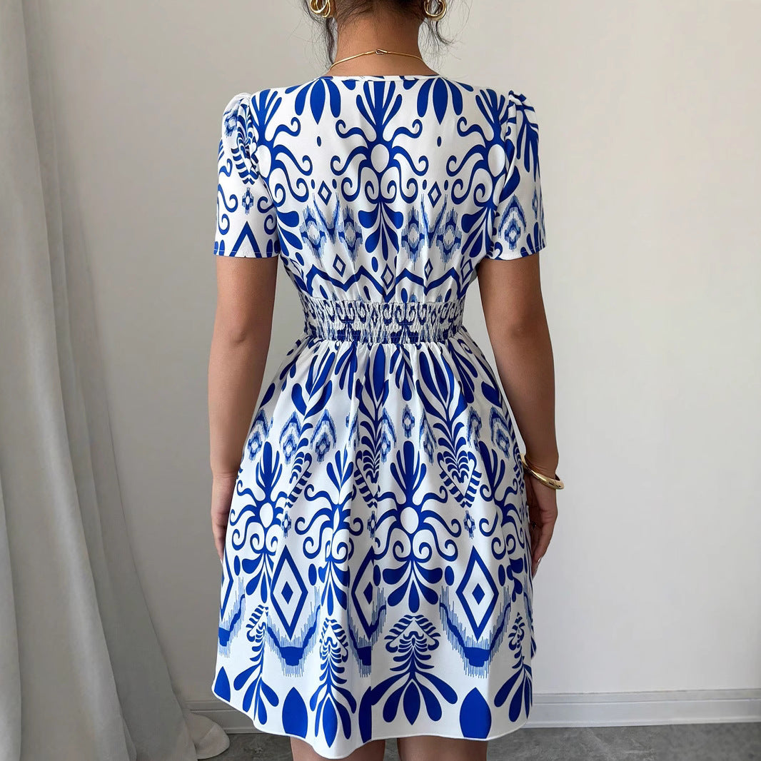 Damen Sommerliches Mini-Kleid mit elegantem V-Ausschnitt und floralen Mustern Drune