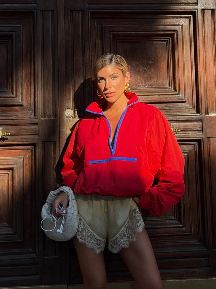 Damen Kurz geschnittene zweifarbige Halbzip-Utility-Jacke mit elastischem Saum und Reißverschlusstasche Drune